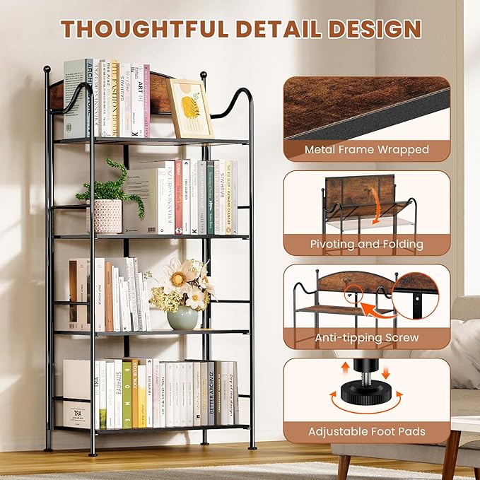 Folding Bookshelf No Assembly, 4 Shelf Black Folding Bookcase with Sturdy Metal Frame, Vintage Open Standing Collapsible Shelves for Bedroom, Living Room, Home Office Organization - LeafyLoom