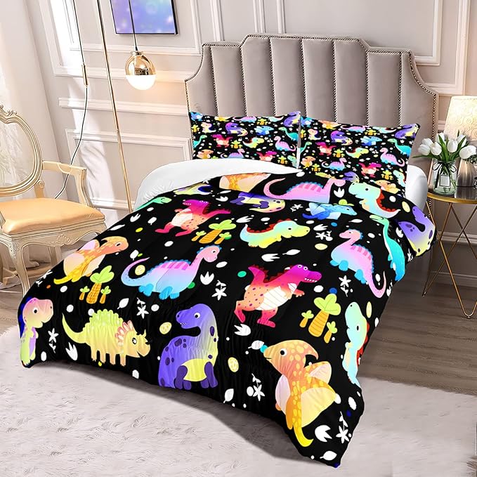 Dinosaur Comforter Set Full Size Cartoon Dinosaur Bedding Set Soft Microfiber Full Dinosaur Quilt Set 3 Piece Cute Dinosaurs Print Comforter Sets for Boys/Girls/Kids/Teens Room Decor - LeafyLoom