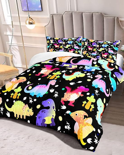 Cartoon Dinosaur Comforter Set for Boys Colorful Gradient Dinos Bedding Sets Queen Size Cute Dinosaurs Prints Comforter Set Soft Microfiber 3Pcs Bed Sets with 2 Pillowcases - LeafyLoom