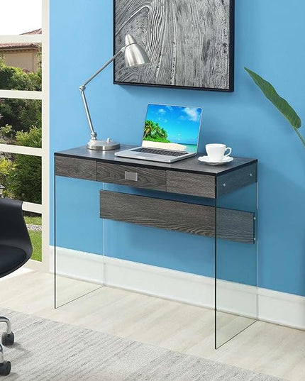 Convenience Concepts SoHo 1 Drawer Glass 36 inch Desk, Weathered Gray/Glass - LeafyLoom