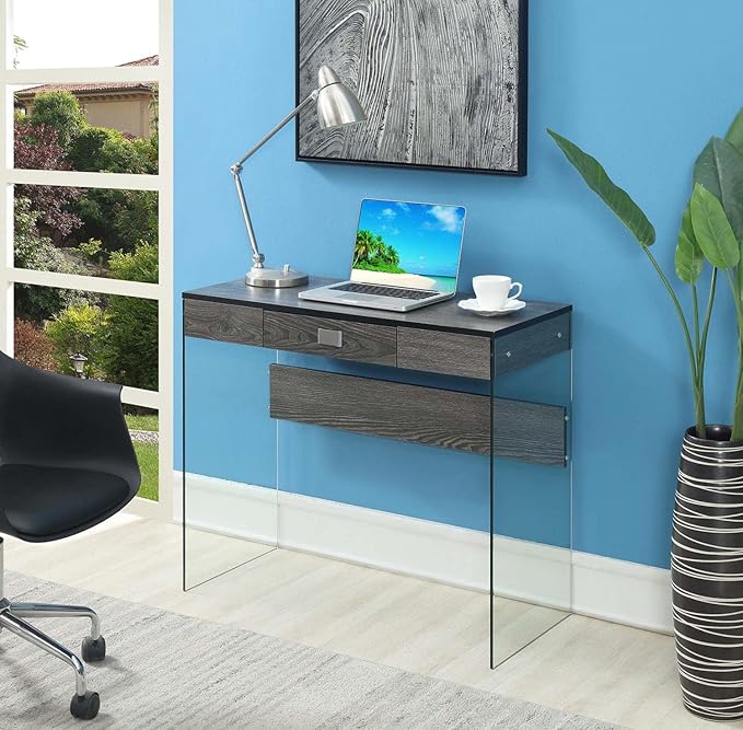 Convenience Concepts SoHo 1 Drawer Glass 36 inch Desk, Weathered Gray/Glass - LeafyLoom