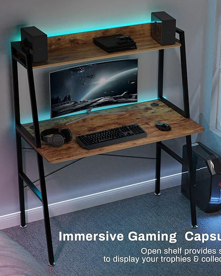 DESIGNA Small Computer Ladder Desk with Storage Shelves, 43 Inch 2-Tier Home Office Students Study Writing PC Gaming Table with Bookshelf Modern Workstation for Space Saving, Metal Frame, Rustic Brown - LeafyLoom