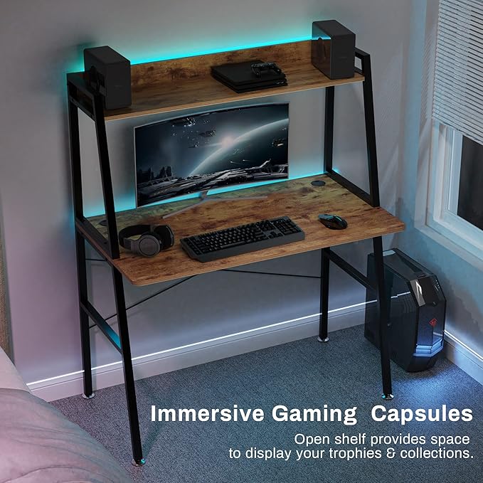 DESIGNA Small Computer Ladder Desk with Storage Shelves, 43 Inch 2-Tier Home Office Students Study Writing PC Gaming Table with Bookshelf Modern Workstation for Space Saving, Metal Frame, Rustic Brown - LeafyLoom