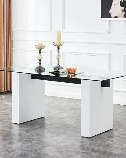 NicBex Large Modern Simple Rectangular Glass Table for 6-8 People, Equipped with 0.4-Inch Tempered Glass Table Top and Large MDF Table Legs for Kitchen, Dining Room, Living Room, White - LeafyLoom