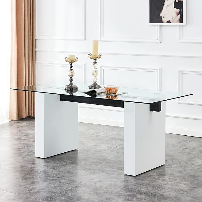 NicBex Large Modern Simple Rectangular Glass Table for 6-8 People, Equipped with 0.4-Inch Tempered Glass Table Top and Large MDF Table Legs for Kitchen, Dining Room, Living Room, White - LeafyLoom