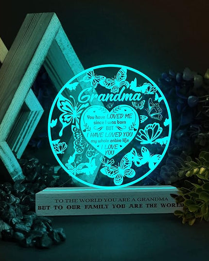 Grandma Gifts from Grandchildren, to My Grandma Night Light, Mothers Day Birthday Christmas Butterfly Gifts for Grandmother, Lamp with Wooden Base for Women, Gifts Bedroom Décor - LeafyLoom