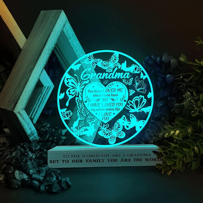 Grandma Gifts from Grandchildren, to My Grandma Night Light, Mothers Day Birthday Christmas Butterfly Gifts for Grandmother, Lamp with Wooden Base for Women, Gifts Bedroom Décor - LeafyLoom