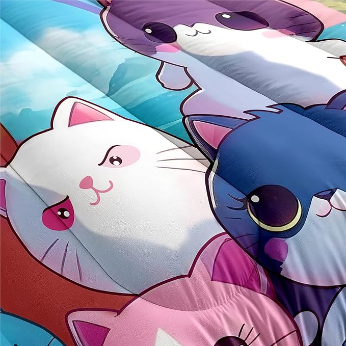 Cat Bedding Set Queen Size - Cute Girls Bedding Cat Comforter Set for Kids Teens Girls Cartoon Animal Print Cat Quilt Soft Breathable Kid Comforter Set, 1 Comforter 2 Pillowcase - LeafyLoom