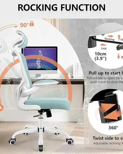 FelixKing Office Chair with Headrest, Ergonomic Desk Chair with Wheels,Hanger，Adjustable Lumbar Support Swivel Comfy Task Chair with Flip-up Armrests, Ergo Mesh Backrest (Light Blue) - LeafyLoom