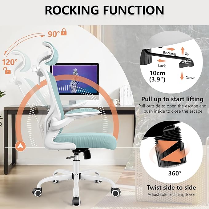 FelixKing Office Chair with Headrest, Ergonomic Desk Chair with Wheels,Hanger，Adjustable Lumbar Support Swivel Comfy Task Chair with Flip-up Armrests, Ergo Mesh Backrest (Light Blue) - LeafyLoom