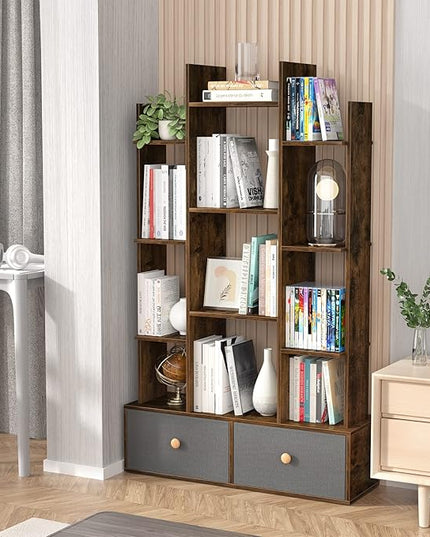 Unikito Bookshelf with 2 Drawers, Vintage Open Bookcase, Free Standing Book Shelf Organizer, Industrial Wood Bookshelves Storage Shelf, Book Case for Bedroom, Living Room, Home Office, Rustic Brown - LeafyLoom