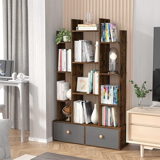 Unikito Bookshelf with 2 Drawers, Vintage Open Bookcase, Free Standing Book Shelf Organizer, Industrial Wood Bookshelves Storage Shelf, Book Case for Bedroom, Living Room, Home Office, Rustic Brown - LeafyLoom