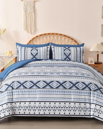Dinjoy Blue Comforter Set Queen Size, Western Bedding Sets Queen 7 Pieces Bed in a Bag Geometric Striped Comforters with Sheets Aztec Patchwork Complete Set for All Seasons 90"x90" - LeafyLoom