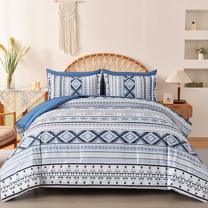 Dinjoy Bed in A Bag King Size,Boho Comforter Set King 7 Pieces Blue Western Bedding Set Geometric Bohemian Complete Set Aztec Striped for Women Men Summer 90"×104" - LeafyLoom