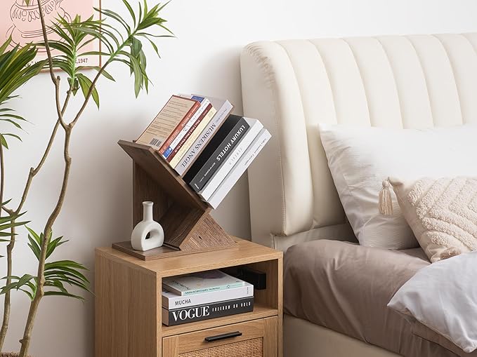 Labcosi 2 Tier Tree Bookshelf, Small Bookshelf for Storing Books/CDs, Wood Book Organizer Shelves for Home Office, Bedroom, Living Room, Rustic Brown - LeafyLoom