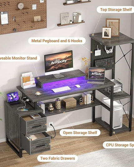 Computer Desk with 2 Fabric Drawers - Reversible Home Office Desk with Power Outlet & LED Lights, 53" Writing Desk with Monitor Stand & Storage Shelves, Gaming Desk Study Table with Pegboard, Grey Oak - LeafyLoom