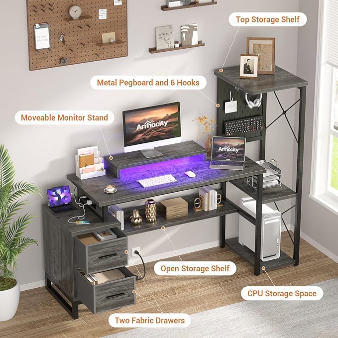 Computer Desk with 2 Fabric Drawers - Reversible Home Office Desk with Power Outlet & LED Lights, 53" Writing Desk with Monitor Stand & Storage Shelves, Gaming Desk Study Table with Pegboard, Grey Oak - LeafyLoom