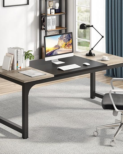 Tribesigns Modern Computer Desk, 70.8 x 31.5 inch Large Office Desk Computer Table Study Writing Desk Workstation for Home Office, Black Metal Frame, Grey Oak - LeafyLoom