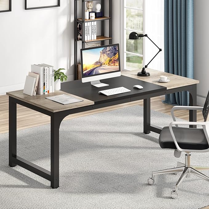 Tribesigns Modern Computer Desk, 70.8 x 31.5 inch Large Office Desk Computer Table Study Writing Desk Workstation for Home Office, Black Metal Frame, Grey Oak - LeafyLoom