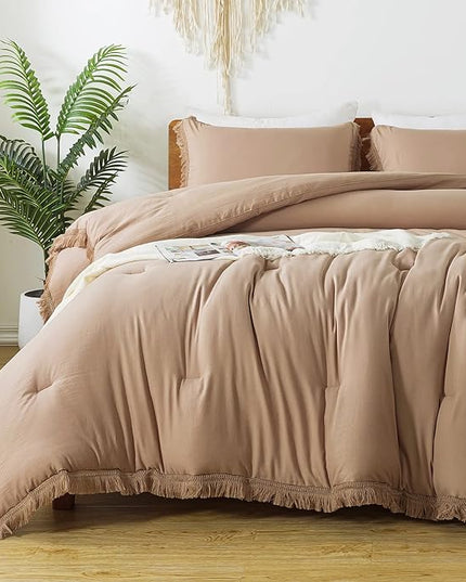 Andency Taupe Comforter Set Full Size, 3 Pieces Boho Tassel Lightweight Bedding Comforter Sets, Tan All Season Soft Fluffy Fringe Bed Set (79x90In Comforter & 2 Pillowcases) - LeafyLoom