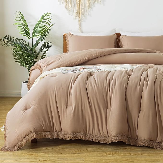 Andency Taupe Comforter Set Full Size, 3 Pieces Boho Tassel Lightweight Bedding Comforter Sets, Tan All Season Soft Fluffy Fringe Bed Set (79x90In Comforter & 2 Pillowcases) - LeafyLoom
