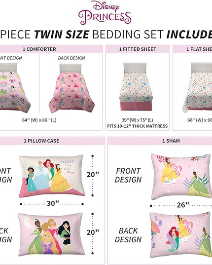 Franco Kids Bedding Super Soft Comforter and Sheet Set with Sham, 5 Piece Twin Size, Disney Princess - LeafyLoom