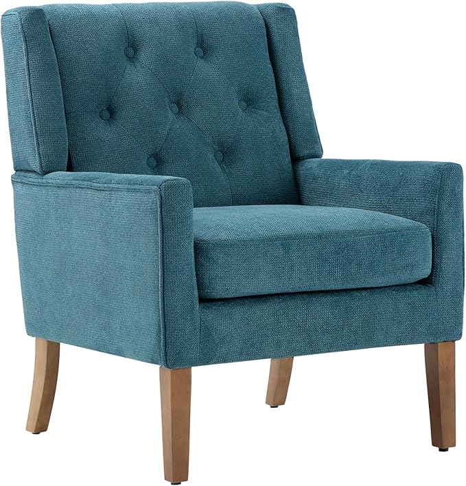 COLAMY Mid-Century Accent Chairs, Modern Wingback Living Room Chair, Upholstered Armchair with Button Tufted Back and Wood Legs for Bedroom/Office/Reading Spaces, Teal - LeafyLoom