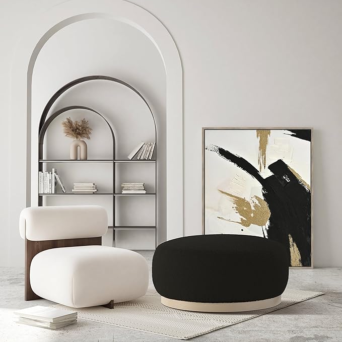 Round Ottoman Coffee Table, Modern Boucle Upholstered Center Table for Living Room Circle Accent Coffee Table for Bedroom Entryway Office - LeafyLoom