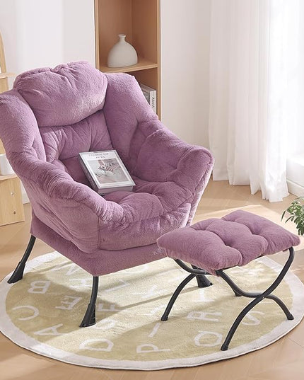 Oversized Chair with Ottoman, Modern Chair with Folding Footrest, Lounge Accent Chair, Comfortable Reading Chair for Bedroom, Study, Living Room, Courtyard (Plush Purple) - LeafyLoom