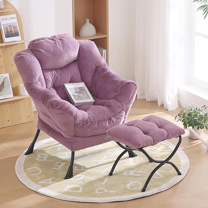 Oversized Chair with Ottoman, Modern Chair with Folding Footrest, Lounge Accent Chair, Comfortable Reading Chair for Bedroom, Study, Living Room, Courtyard (Plush Purple) - LeafyLoom