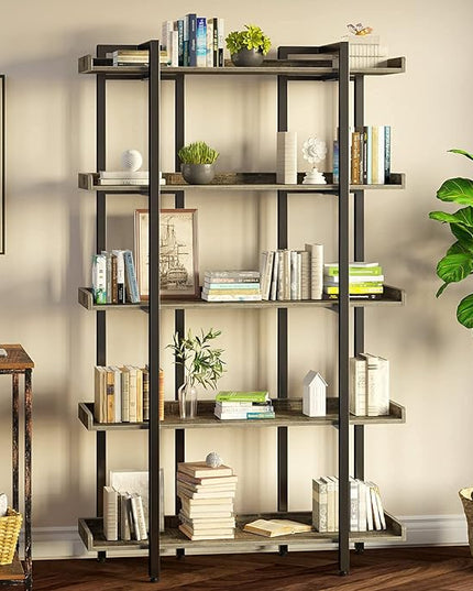 Rolanstar Book Shelf 5-Tier, 71.8’’H Tall Bookshelf for Home Office, Open Wood Display Shelves, Large Standing Bookcase with Metal for Living Room, Industrial Corner Bookshelf Grey - LeafyLoom