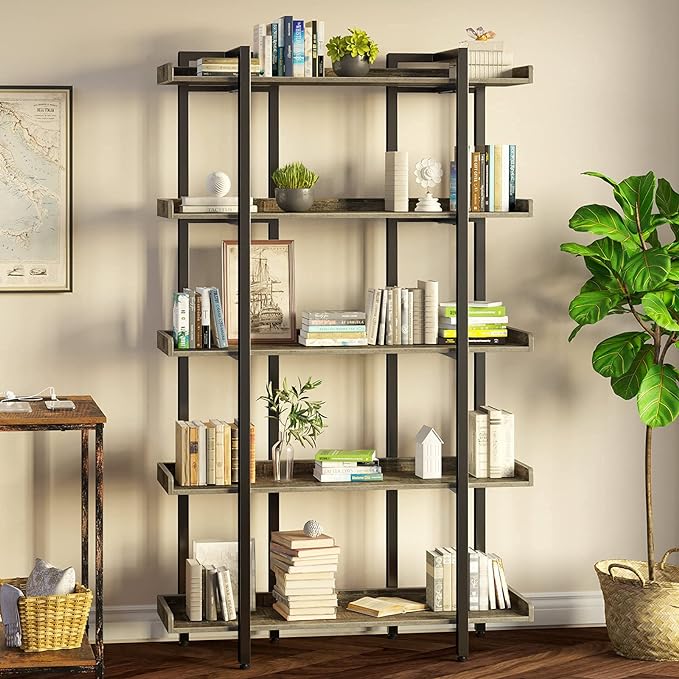 Rolanstar Book Shelf 5-Tier, 71.8’’H Tall Bookshelf for Home Office, Open Wood Display Shelves, Large Standing Bookcase with Metal for Living Room, Industrial Corner Bookshelf Grey - LeafyLoom