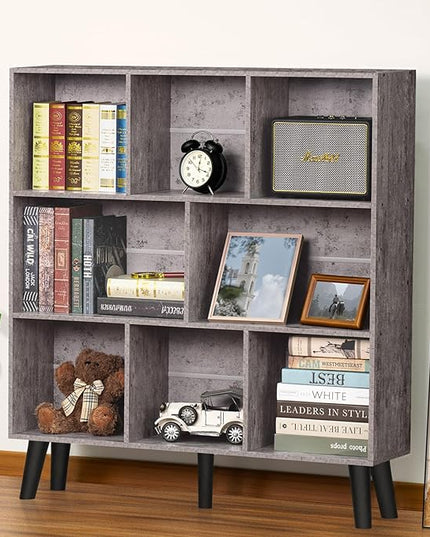LEYAOYAO 8 Cube Bookshelf,Farmhouse Bookcase with Legs,Modern Dirty Grey Mid-Century Bookshelves,Large 3 Tier Open Storage Organizer Shelf, Retro Wood Display Book Case - LeafyLoom
