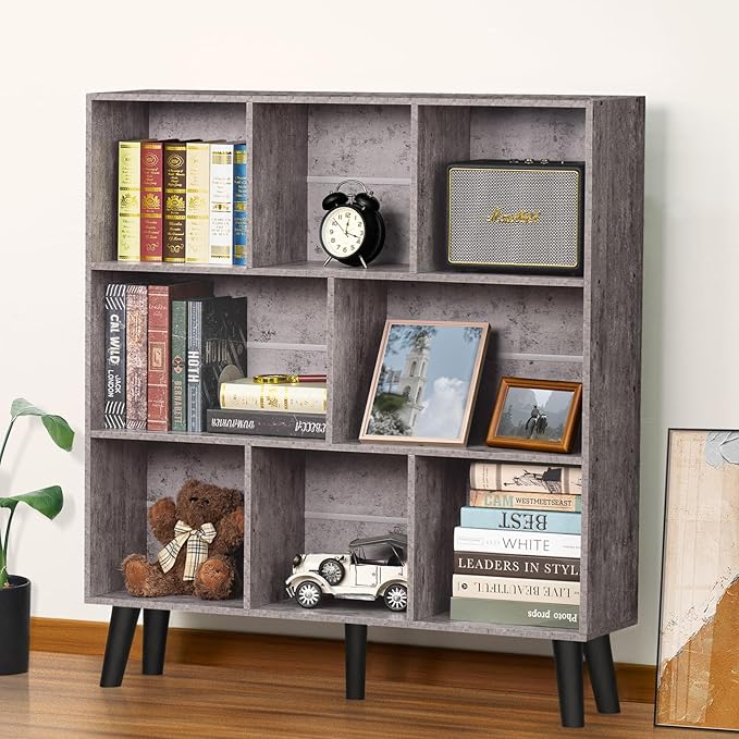 LEYAOYAO 8 Cube Bookshelf,Farmhouse Bookcase with Legs,Modern Dirty Grey Mid-Century Bookshelves,Large 3 Tier Open Storage Organizer Shelf, Retro Wood Display Book Case - LeafyLoom