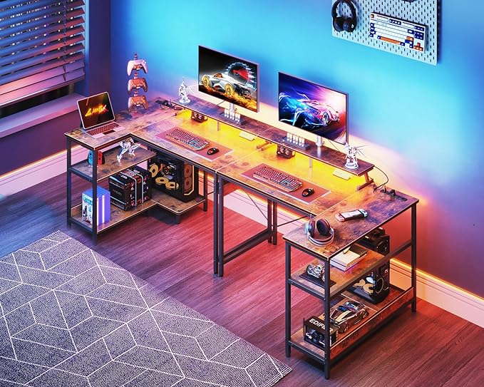 ODK 40 Inch Gaming Desk with USB Charging Ports and LED Lights, Reversible L Shaped Computer Desk with Storage Shelves & Monitor Stand, Corner Home Office Desk Table with Power Outlets, Vintage - LeafyLoom