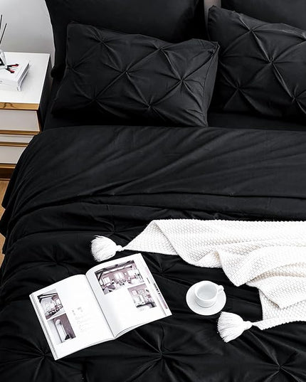 Ubauba 7pc Full Size Comforter Set with Sheets, Pinched Pleat 7 Piece Bed in a Bag Black Bed Set with Comforter, All Season Pintuck Bedding Sets (Black,Full) - LeafyLoom