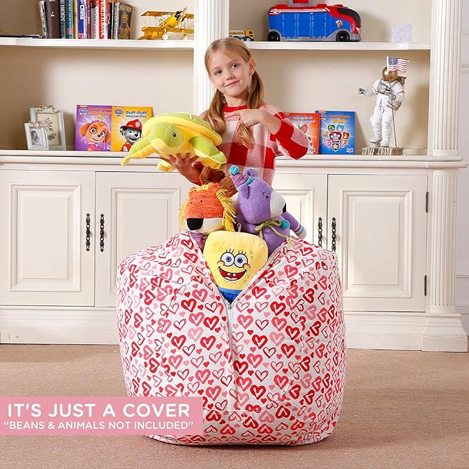Aubliss Stuffed Animal Bean Bag Storage Chair, Beanbag Covers Only for Organizing Plush Toys, Turns into Bean Bag Seat for Kids When Filled, Medium 32"-Canvas Pattern Heart - LeafyLoom