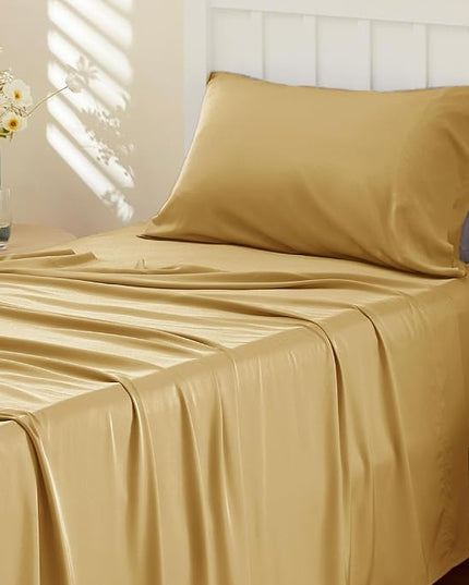 Bedsure Twin XL Sheet Set Dorm Bedding, Cooling Sheets Twin Extra Long Sheets, Rayon Derived from Bamboo, Deep Pocket Up to 16", Hotel Luxury Silky Bedding Sheets & Pillowcases, Gold - LeafyLoom