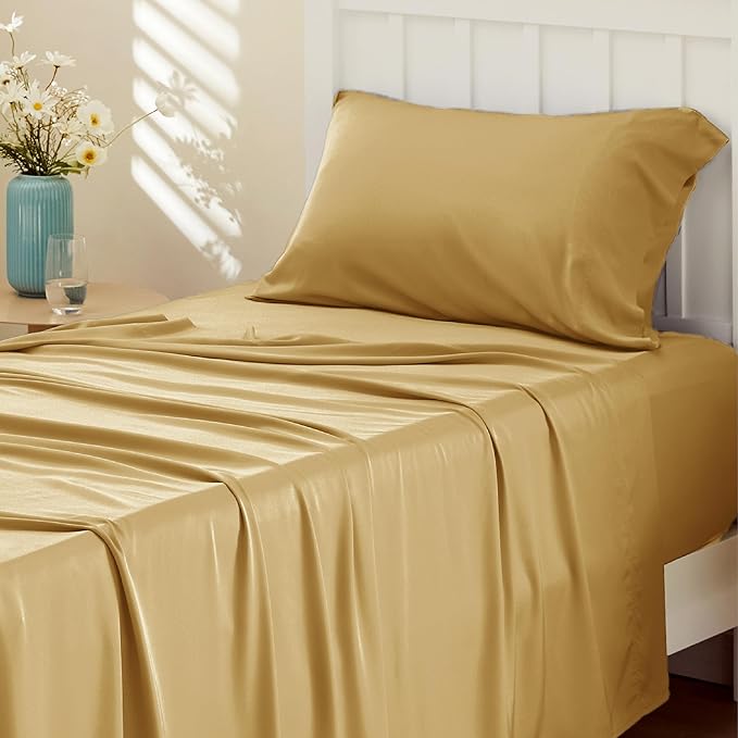 Bedsure Twin XL Sheet Set Dorm Bedding, Cooling Sheets Twin Extra Long Sheets, Rayon Derived from Bamboo, Deep Pocket Up to 16", Hotel Luxury Silky Bedding Sheets & Pillowcases, Gold - LeafyLoom