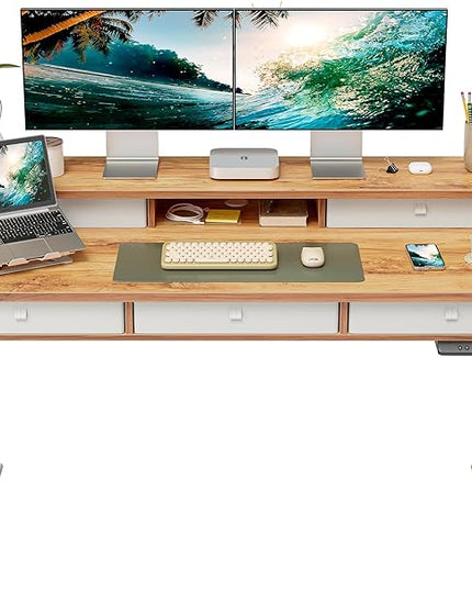 FEZIBO Height Adjustable Electric Standing Desk with 5 Drawers, 55 x 24 Inch Table with Storage Shelf, Sit Stand Desk White Frame/Light Rustic Top, 55 inch - LeafyLoom