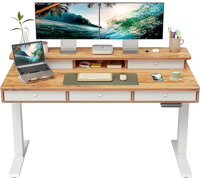 FEZIBO Height Adjustable Electric Standing Desk with 5 Drawers, 55 x 24 Inch Table with Storage Shelf, Sit Stand Desk White Frame/Light Rustic Top, 55 inch - LeafyLoom