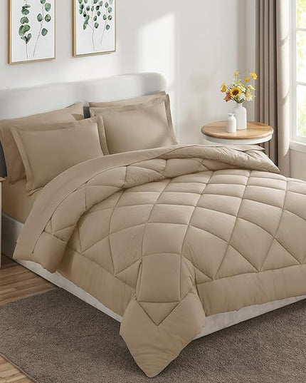 CozyLux Queen Comforter Set with Sheets 7 Pieces Bed in a Bag Taupe All Season Bedding Sets with Comforter, Pillow Shams, Flat Sheet, Fitted Sheet and Pillowcases - LeafyLoom
