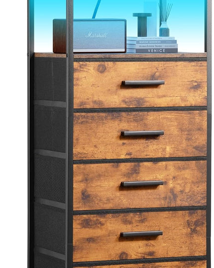 Nightstand 5 Drawer Dresser with LED Lights and Charging Station, Vertical Side Table with Fabric Drawers, End Table with Open Shelf, Tall Dresser for Bedroom, Hallway, Entryway, Rustic Brown - LeafyLoom