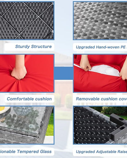 Shintenchi 5 Pieces Outdoor Patio Sectional Sofa Couch, Silver Gray PE Wicker Furniture Conversation Sets with Washable Cushions & Glass Coffee Table for Garden, Poolside, Backyard (Red) - LeafyLoom