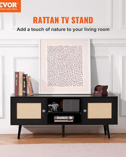 VEVOR Rattan TV Stand, Boho TV Cabinet for 55 inch TV, Mid Century Modern TV Stand, Rattan TV Console with Adjustable Shelfs for Living Room, Media Room, Black - LeafyLoom