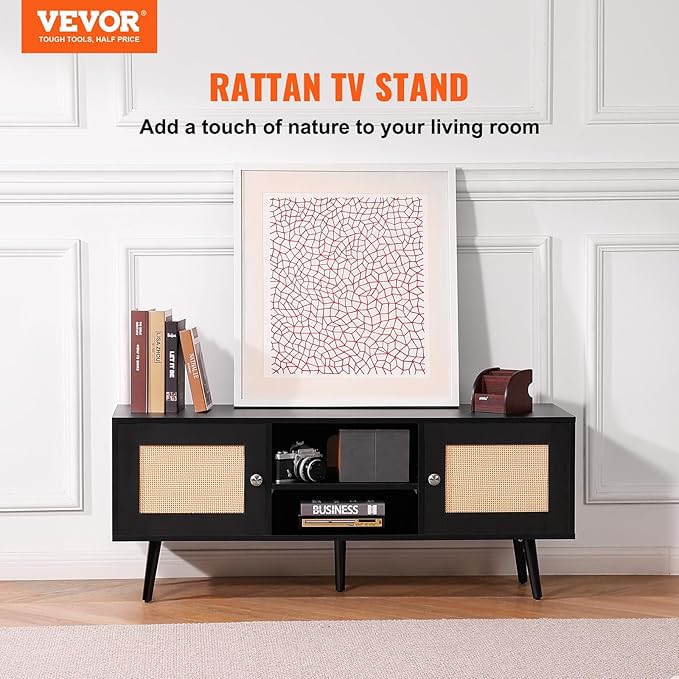 VEVOR Rattan TV Stand, Boho TV Cabinet for 55 inch TV, Mid Century Modern TV Stand, Rattan TV Console with Adjustable Shelfs for Living Room, Media Room, Black - LeafyLoom