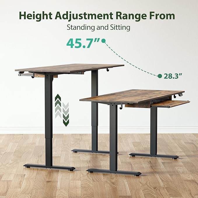 Height Adjustable Desk with Keyboard Tray, 63 x 24 Inches Electric Standing Desk, Stand up Computer Table with Memory Preset, Modern Lift Motorized Gaming Workstation, Rustic Brown - LeafyLoom