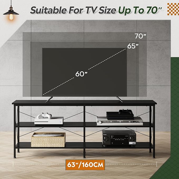 WLIVE TV Stand up to 70 Inch TV, 63" Entertainment Center, TV Media Console with 3-Tier Storage Shelves for Living Room and Bedroom, Black - LeafyLoom