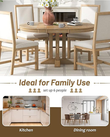 Farmhouse 5-Piece Dining Set, Included Retro Extendable Round Table with X-Shape Base and 4 Upholstered Chairs, Solid Wood Adjustable Dinette Furniture for Kitchen Living Room, Natural - LeafyLoom