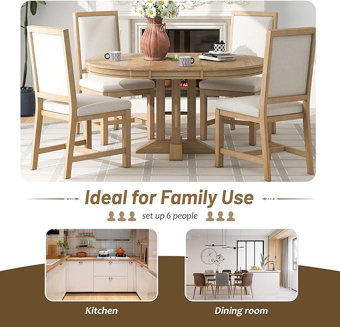 Extendable Round Upholstered, X-Shape Base, Modern Small Kitchen Chairs Room Home Furniture Breakfast Nook, Dining Table Set for 4-6, Natural - LeafyLoom